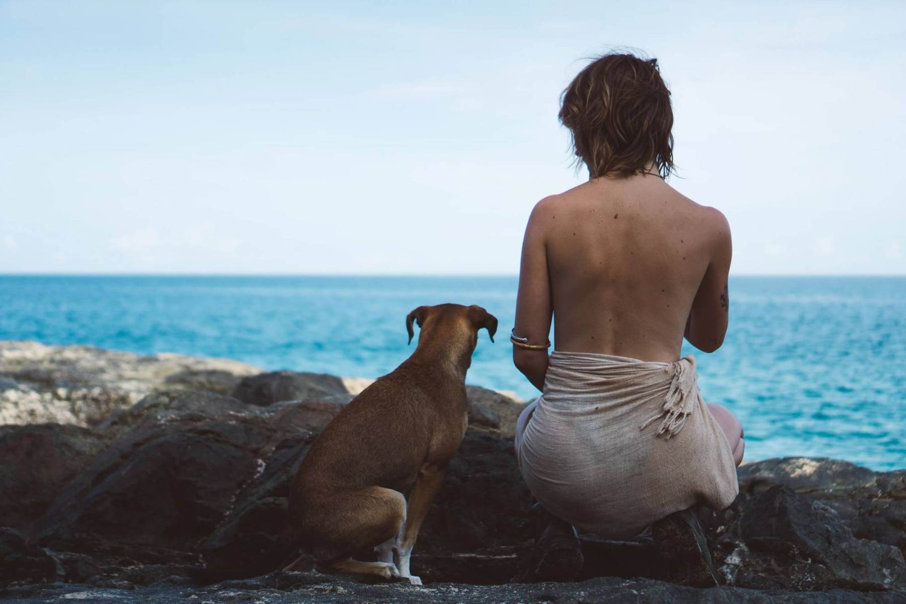 A writer sitting on dark rocks with her dog, looking out to sea